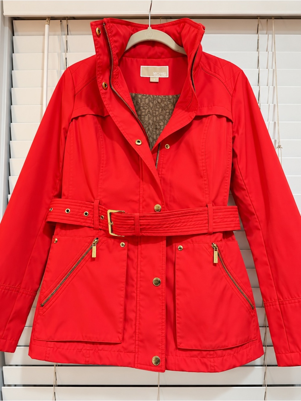 Michael Kors Salmon/Coral Belted Trench Rain Jacket